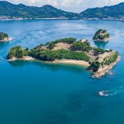 An aerial view of a small island, surrounded by water, with more land in the distance thumbnail