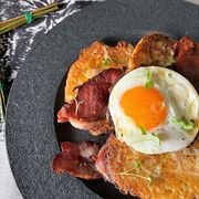 Boxty pancakes with eggs and bacon thumbnail
