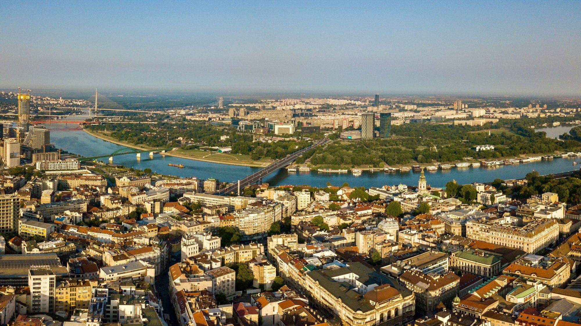 The drone aerial view of Belgrade along the River Danube, Serbia.