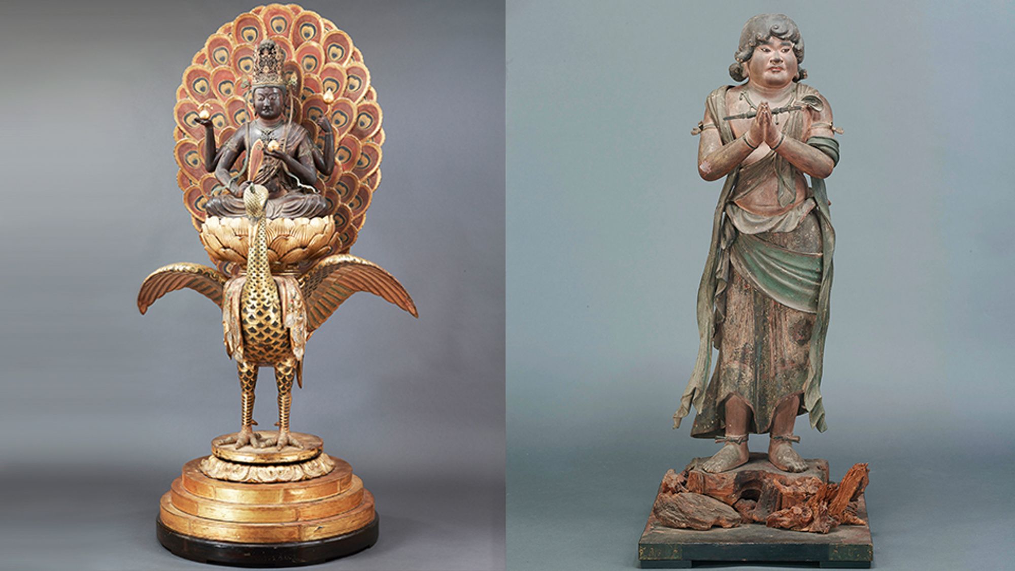 Kujaku-myo’o created by Kaikei (left) and Kongara-doji created by Unkei (right). Kujaku-myo’o created by Kaikei (left) and Kongara-doji created by Unkei (right).