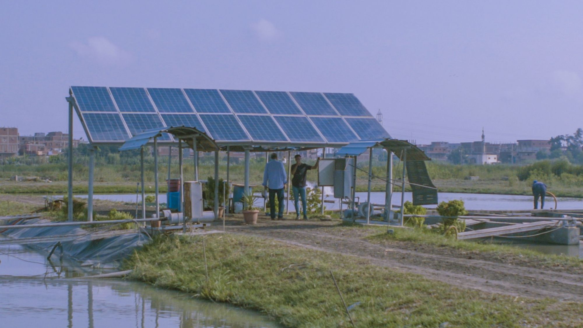 Two men are standing under solar panels