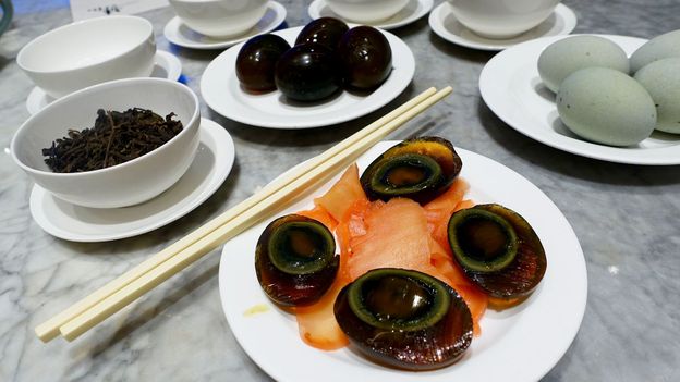 Yung Kee Restaurant serves century eggs as a starter with pink ginger (Credit: Credit: Kate Springer)