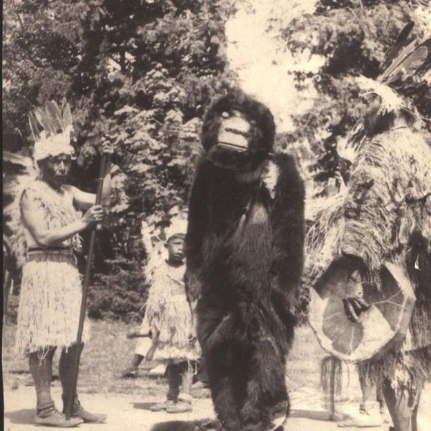 A historical photo shows Sts'ailes community members dressed in sasq'ets costumes for the original 1938 Sasquatch Days festival (Credit: courtesy Kelsey Charlie)