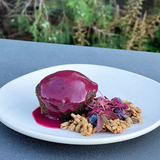 Mixed berry wojape served over a maple chaga cake with sunflower-seed brittle (Credit: Dana Thompson)