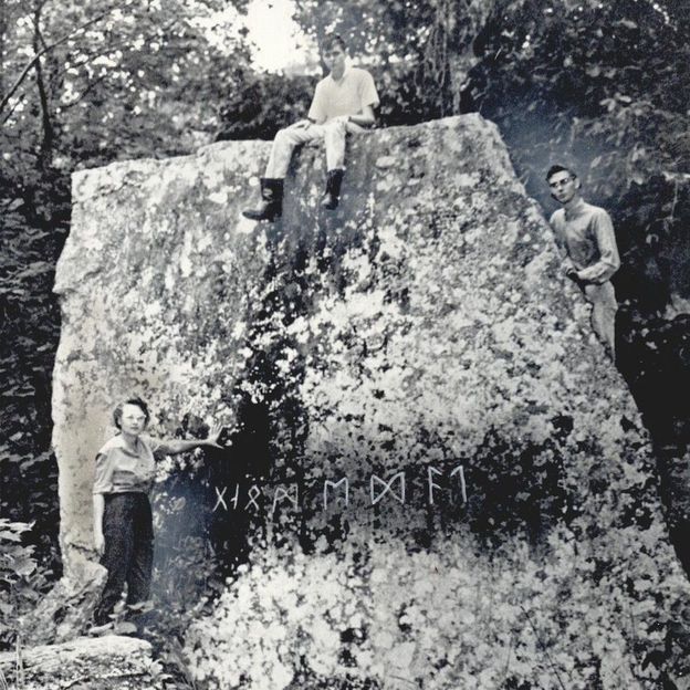 Gloria Farley first saw the Heavener Runestone while hiking as a young girl in 1928; here, she is with her sons in 1971 (Credit: Courtesy of the Oklahoma Historical Society)