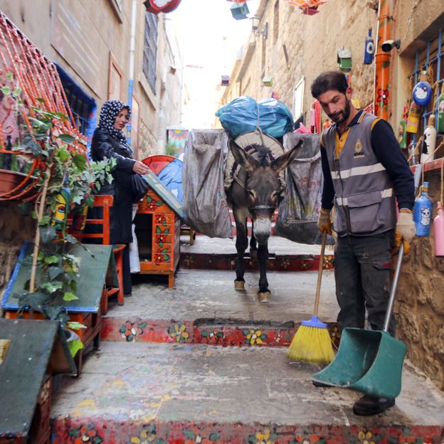 Os burros ainda são usados ​​hoje para algumas tarefas surpreendentes, como ajudar na limpeza das ruas estreitas de Mardin, Turquia (Crédito: Ismail Duru/Getty Images)