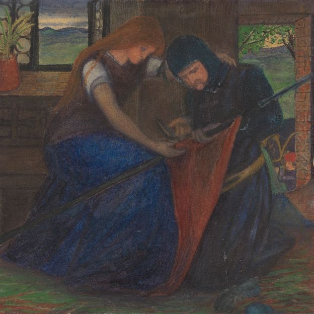 Elizabeth Eleanor Siddal en tant que Lady Affixing Pennant to a Knight's Spear, 1856 montre le thème récurrent de l'amour dans l'art et la poésie des Rossetti (Crédit : Tate)