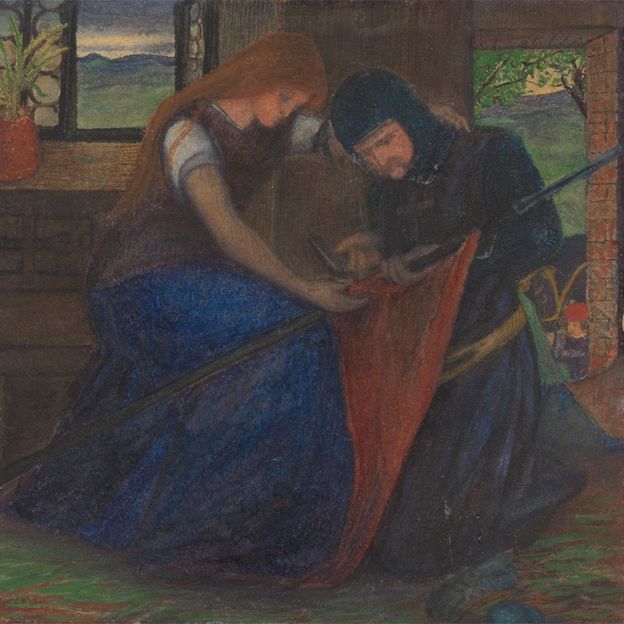 Elizabeth Eleanor Siddal as Lady Affixing Pennant to a Knight's Spear, 1856 shows the recurring theme of love in the Rossettis' art and poetry (Credit: Tate)