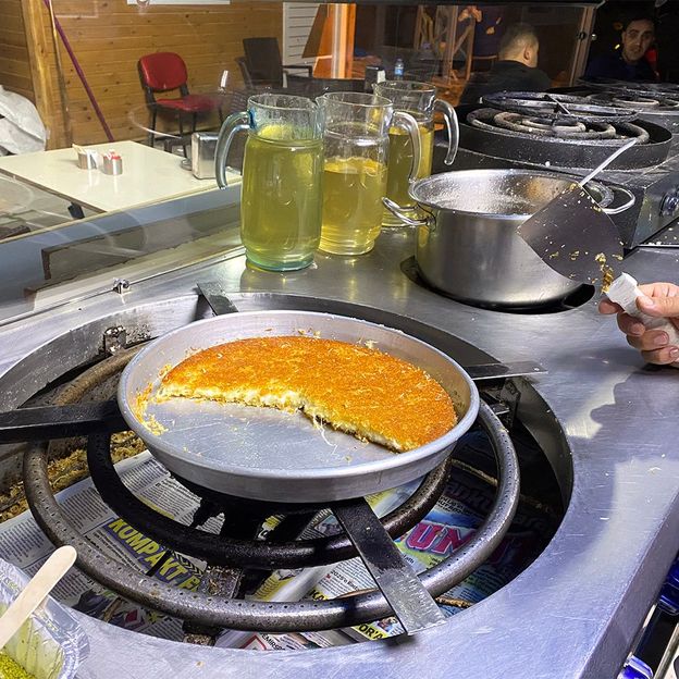 After pouring sherbet on top, künefe are served right from the tray (Credit: Gonca Tokyol)