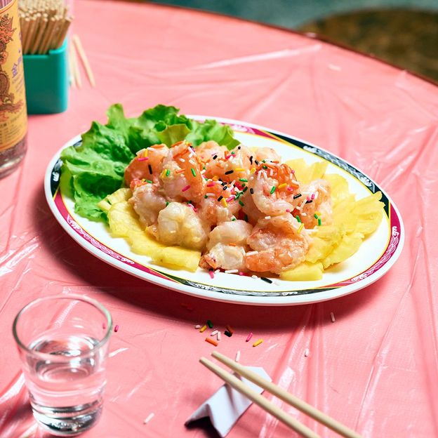 The prawns are fried, coated with Japanese mayonnaise and served with pineapple (Credit: Yen Wei and Ryan Chen)