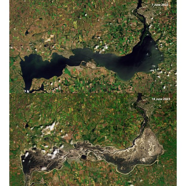 Following the dam breach, the water behind the Kakhovka dam rushed downstream as the reservoir emptied (Credit: Nasa)