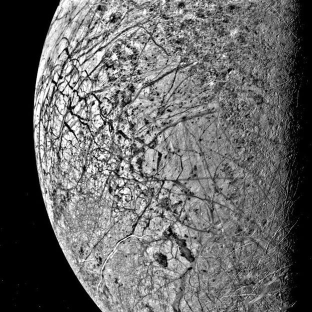 Two spacecraft are due to visit the icy moon Europa to study the extent of the ocean that exists beneath its fractured surface (Credit: Nasa)