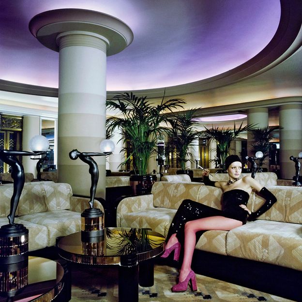 Star of Swinging London, Twiggy, poses in the Rainbow Room of Biba for Vogue, 1973, in Biba outfit (Credit: Getty Images)