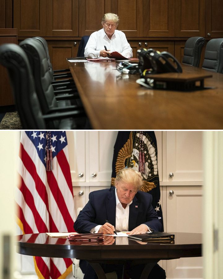 Two photos of Trump from inside the hospital where he was treated for coronavirus (Credit: EPA/Joyce N Boghosia/The White House)