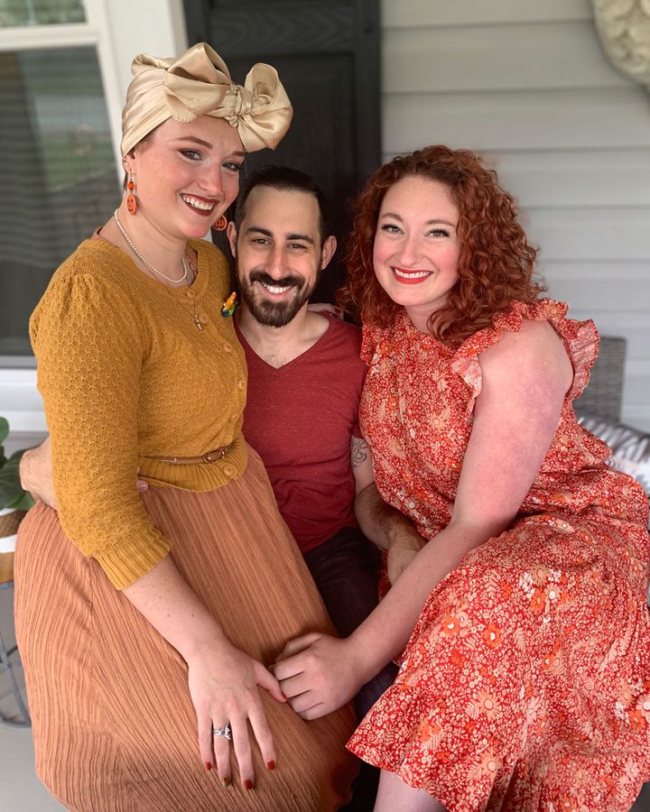Janie Frank (left), Cody Coppola (centre) and Maggie Odell (right) met on poly and kink dating app Feeld (Credit: Paola Perez)