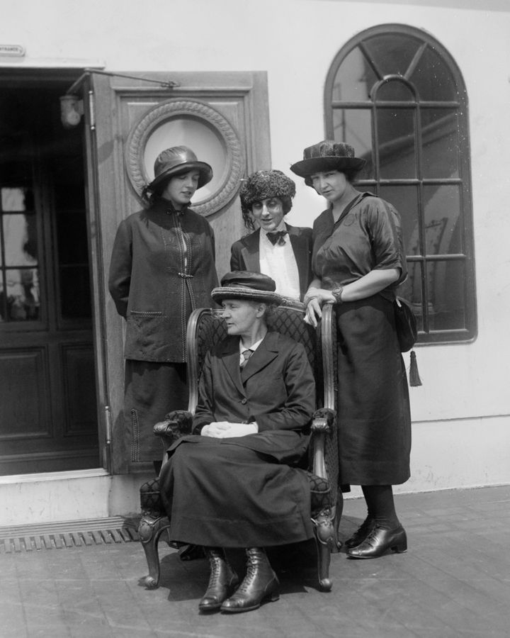 Marie Sklodowska-Curie (seated) with her daughters Irene and Eve and Marie Meloney (centre), on RMS Olympic in 1921 (Credit: Getty Images)