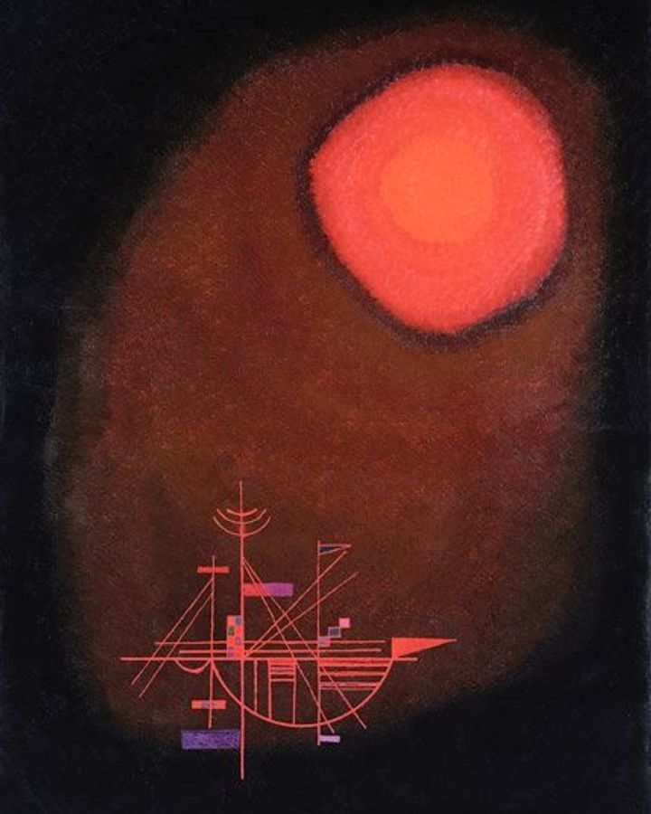 Wassily Kandinsky's Ship & Red Sun. In 1913, the artist remarked the discovery of disintegrating atoms made "everything precarious, unsteady, pliant" (Credit: Kandinsky)