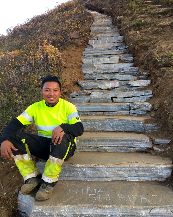 Nima Nuri Sherpa says that building mountain stairways is less risky than their work as climbing guides in the Himalayas (Credit: Nima Nuri Sherpa)
