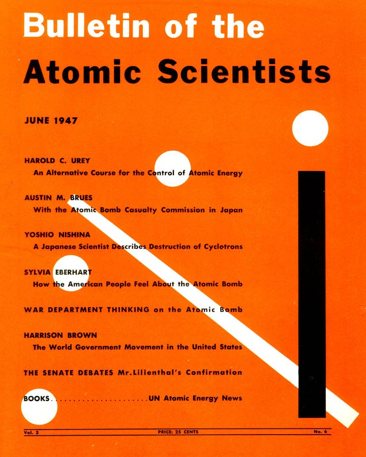 The first appearance of the Clock in 1947, designed by landscape artist Martyl Langsdorf (Credit: Courtesy of the Bulletin of the Atomic Scientists)