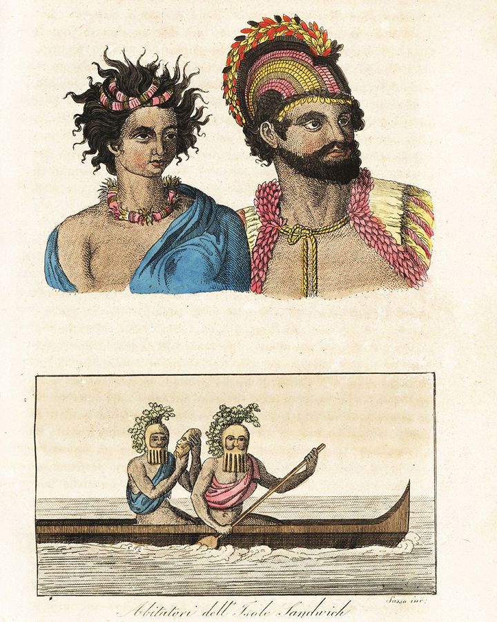 The Hawaiian chief Kanaina and his wife Poeta are shown wearing featherwork in this engraving done in 1844 (Credit: Alamy Stock Photo)