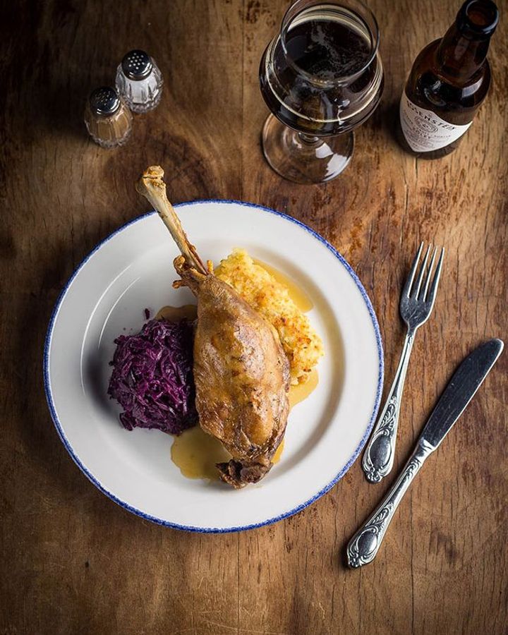 Roast leg of goose served with braised cabbage and mashed onion potatoes (Credit: Rosenstein Restaurant)