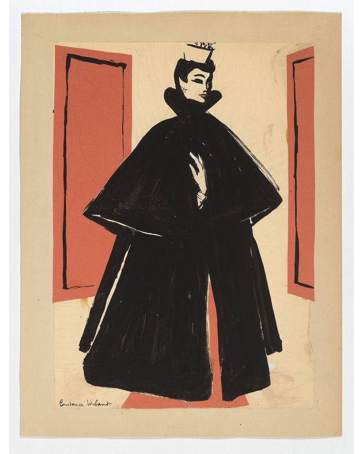 A fashion illustration by Constance Wibau captures the sculptural simplicity of a black evening cloak by Balenciaga, spring 1955 (Credit: Constance Wibau/ Kunstmuseum Den Haag)