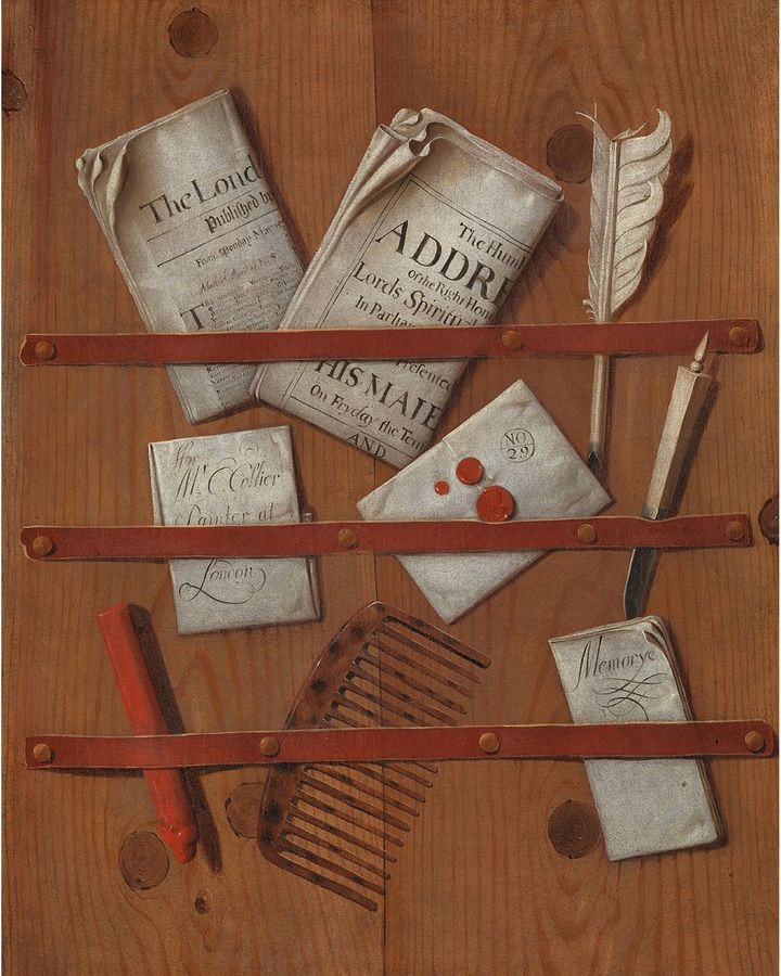 Edward Collier's A Trompe l'Oeil of Newspapers, Letters and Writing Implements on a Wooden Board, circa 1699 (Credit: Metropolitan Museum of Art/ On loan from The Tate)