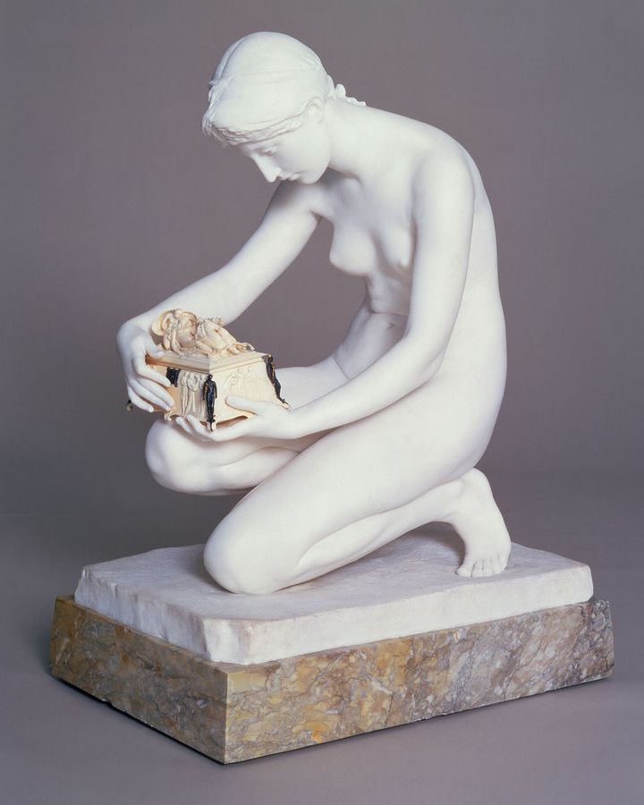 In this 1890 sculpture by Harry Bates, Pandora is shown in a moment of hesitation before opening the forbidden box (Credit: Tate)