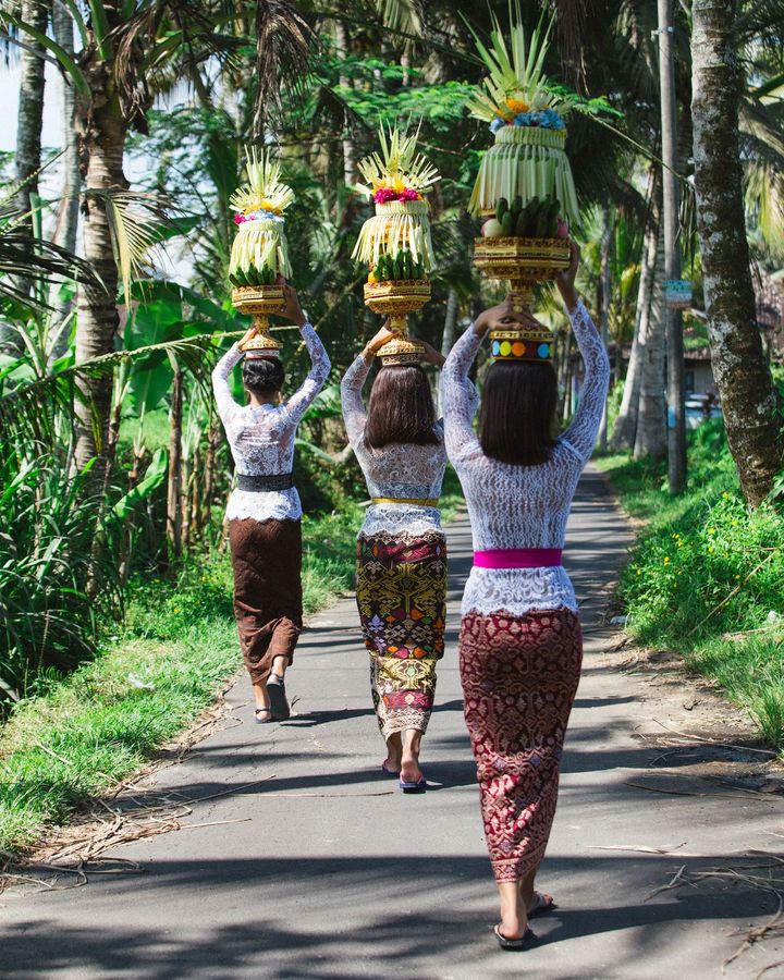 在巴厘岛，许多女性将她们的 kebaya 与颜色对比鲜明的腰带搭配在一起（图片来源：Ali Trisno Pranoto/Getty Images）