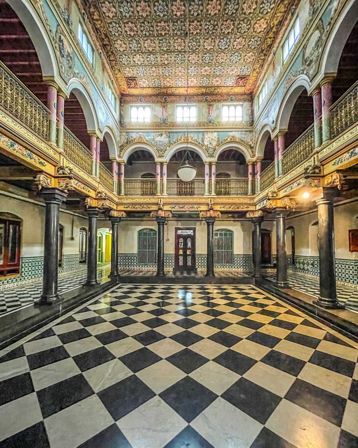 Athangudi Palace's reception hall features an enormous chequered floor in Italian marble (Credit: Soumya Gayatri)