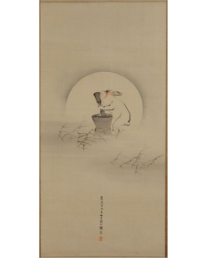 A mystical hare inhabits the moon in Japanese folklore, as shown in Rabbit Pounding the Elixir of Life Under the Moon by Mori Ippo, 1867 (Credit: New Orleans Museum of Art)