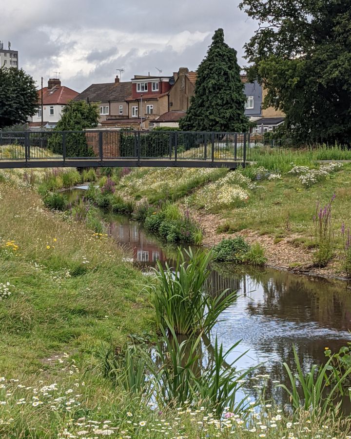 Before its restoration, Turkey Brook was confined in a steep-sided concrete channel along the edge of Albany Park in north London (Credit: Enfield Council)