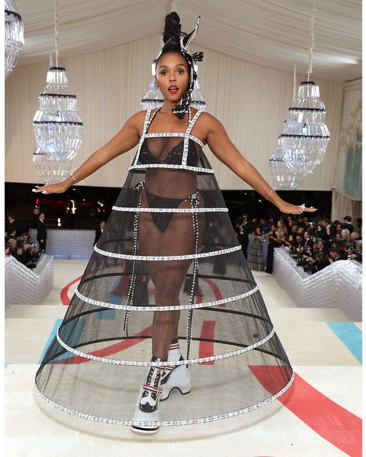 Janelle Monáe's structured sheer dress over a sparkly bikini, worn to the Met Gala, created an empowered look (Credit: Getty Images)