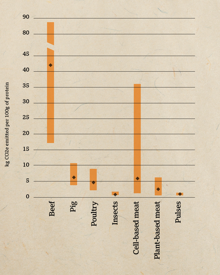 Greenhouse gas emissions from different sources of meat and meat alternatives (Credit: BBC; Source: Santo et al, 2020)