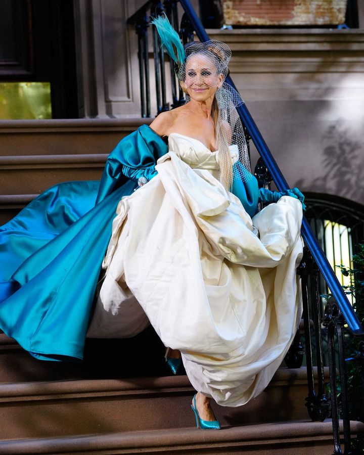 In season two of And Just Like That… Carrie repurposes her Vivienne Westwood wedding dress for the Met Gala – and a new phase in her life (Credit: HBO)