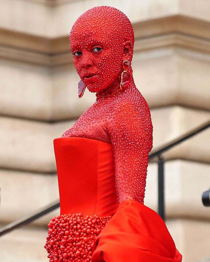 As well as being covered with Swarovski crystals for Schiaparelli's 2023 show, Doja Cat has sported gold body paint and chicken feet boots on the red carpet (Credit: Getty Images)