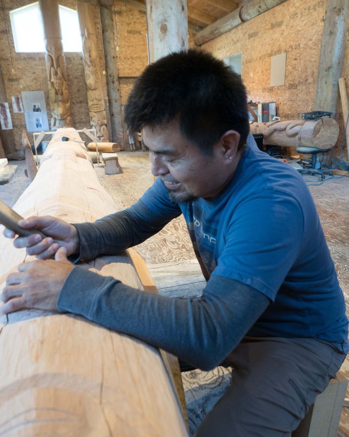 Calvin McNeill is often found in the carving shed in Lax̱g̱altsʼap working on projects (Credit: Diane Selkirk)