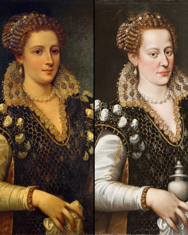 Portrait of Isabella de' Medici (1574), attributed to Alessandro Allori – before (left) and after (right) restoration (Credit: Carnegie Museum of Art)