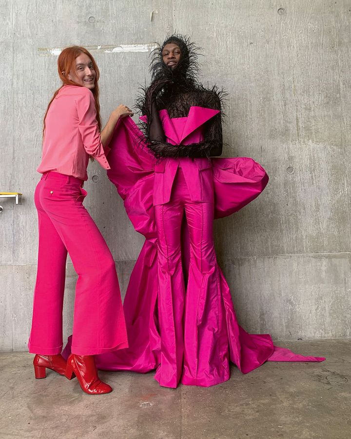 Harris at Central Saint Martins, London – where he studied fashion – with model Trey Gaskin (Credit: Harris Reed)