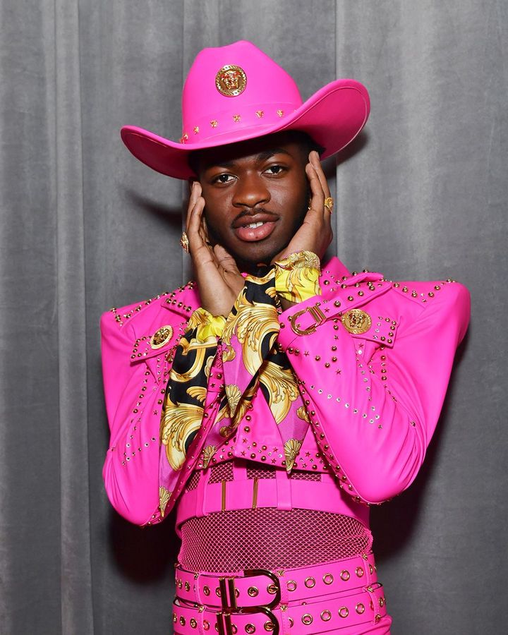 Musician Lil Nas X sported a bright pink cowboy hat at the 2020 Grammy Awards (Credit: Getty Images)