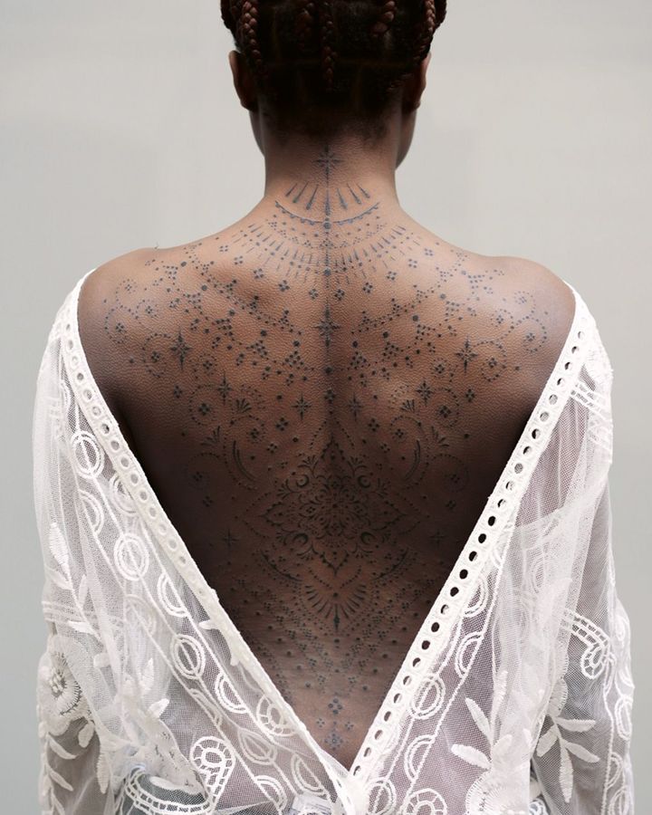 Paris-based designer Blum makes intricate, lace-like body art, including full bodysuits (Credit: Courtesy of artist)