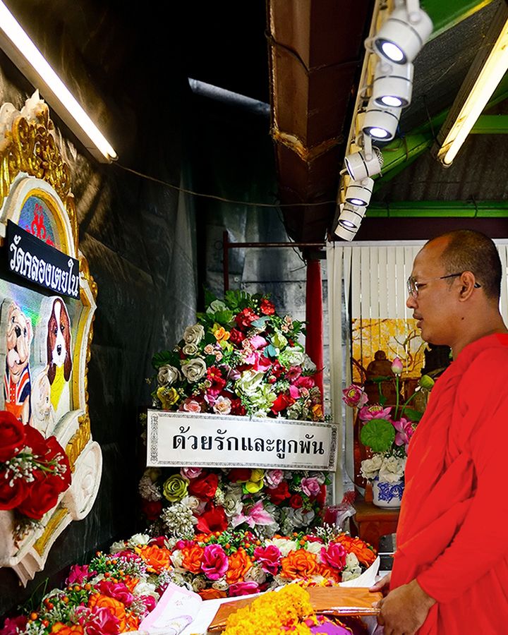 A ceremony is held for a deceased dog at a temple in Bangkok (Photo by Paul Koudounaris)