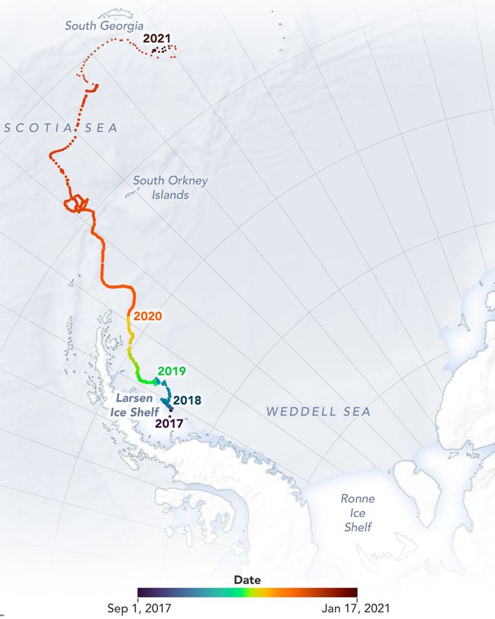 During its 3.5 year long journey, iceberg A-68 released billions of tonnes of freshwater into the ocean as its melting accelerated (Credit: Nasa) During its 3.5 year long journey, iceberg A-68 released billions of tonnes of freshwater into the ocean as its melting accelerated (Credit: Nasa)