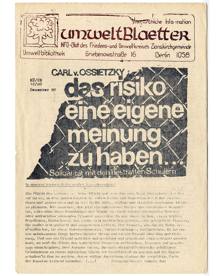 East Germany's "Umweltblätter" environmental magazine in 1988, with the headline "The risk of having one's own opinion" (Credit: Robert-Havemann-Gesellschaft) East Germany's "Umweltblätter" environmental magazine in 1988, with the headline "The risk of having one's own opinion" (Credit: Robert-Havemann-Gesellschaft)