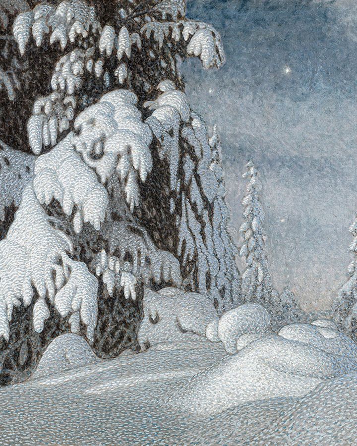 In the pointillist Winter Moonlight (1895) by Gustaf Fjaestad the snow appears to be glittering, as if in a fairy or folk tale (Credit: Hans Thorwid/ National Museum)