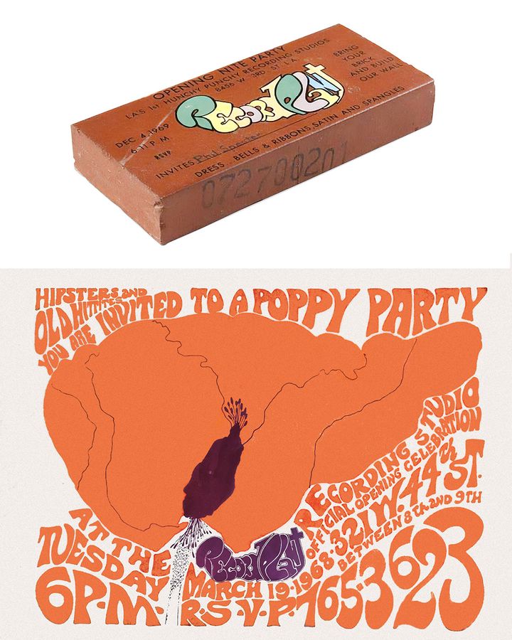 The studios' star-studded parties were legendary – the invitation to the 1969 launch of the LA branch (top) was in the form of a brick (Credit: Courtesy Chris Stone Archives)