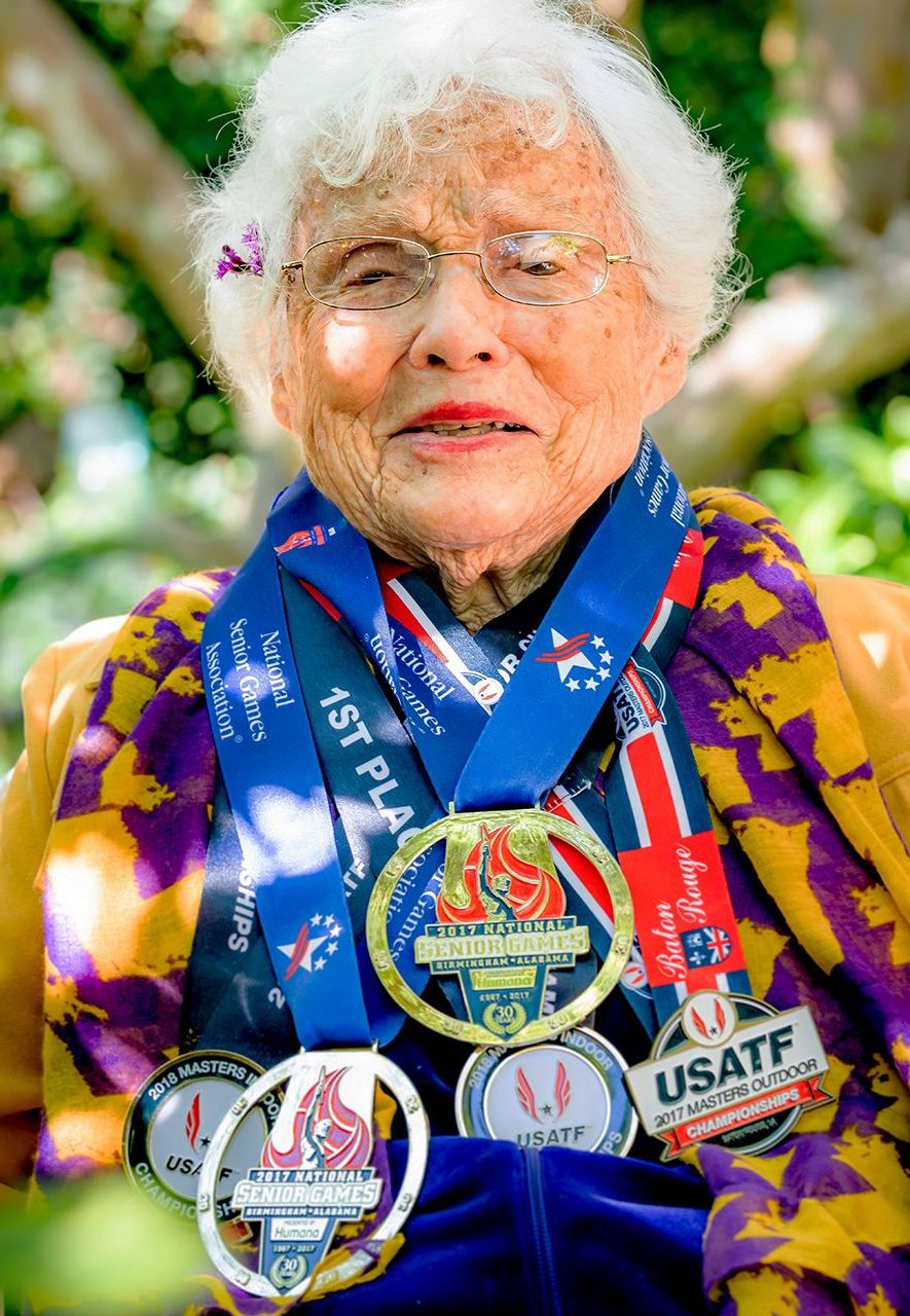 Julia 'Hurricane' Hawkins is 104, holds world records for her age group in sprinting, and has been competing in 'Olympics' for over-50s since the '80s (Credit: Margaret Matens)