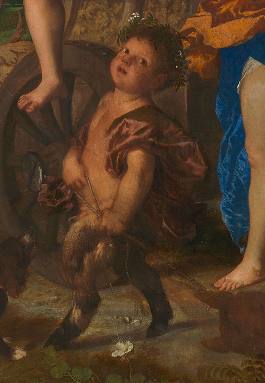 In the centre, a caper flower, which is a natural remedy for flatulence, is coupled with a satyr, a figure also associated with the condition (Credit: National Gallery)