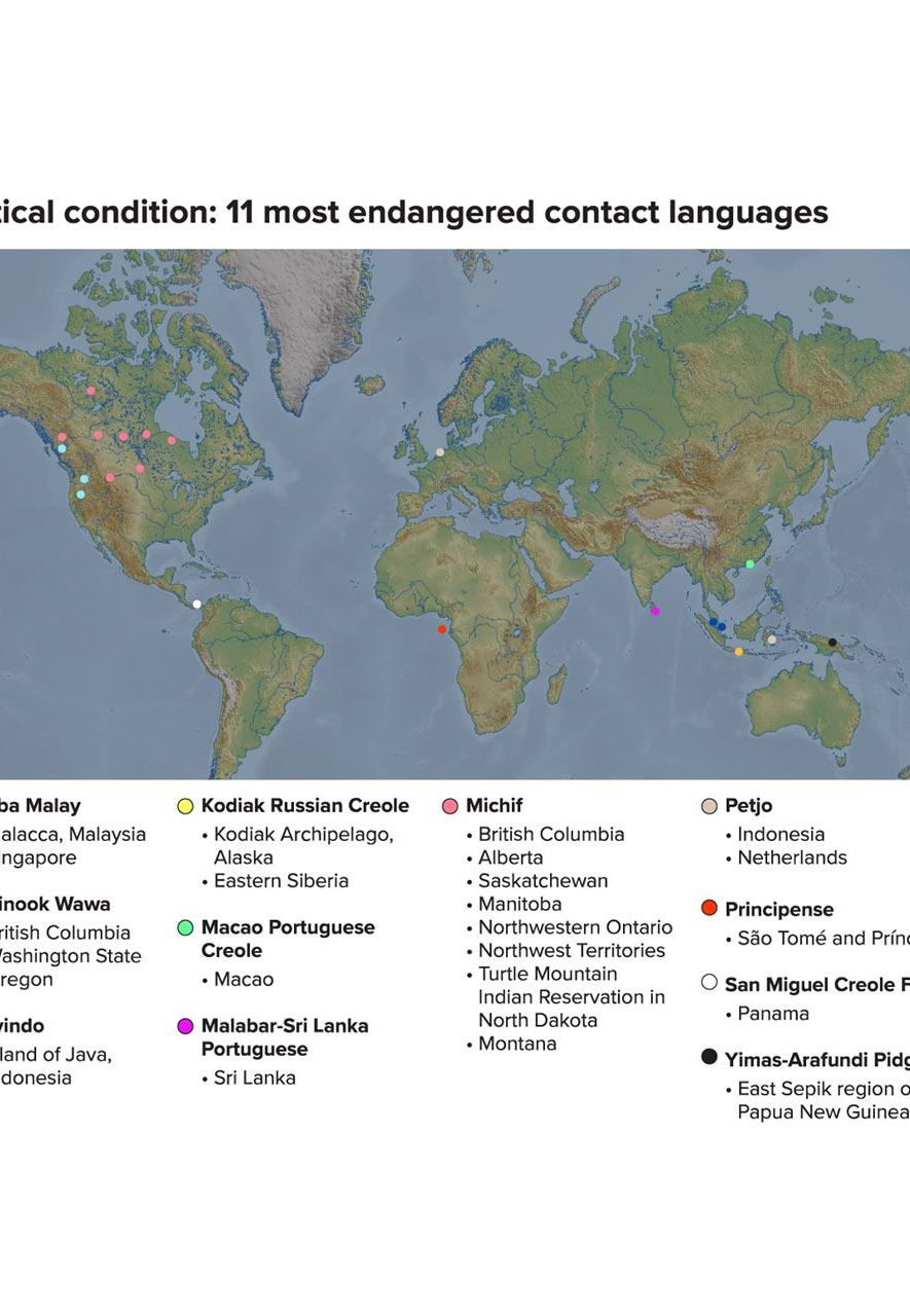 Many contact languages are now threatened, including a few on the precipice of extinction, a state termed “dormancy” in linguistics (Credit: Mapswire.com/Knowable Magazine)