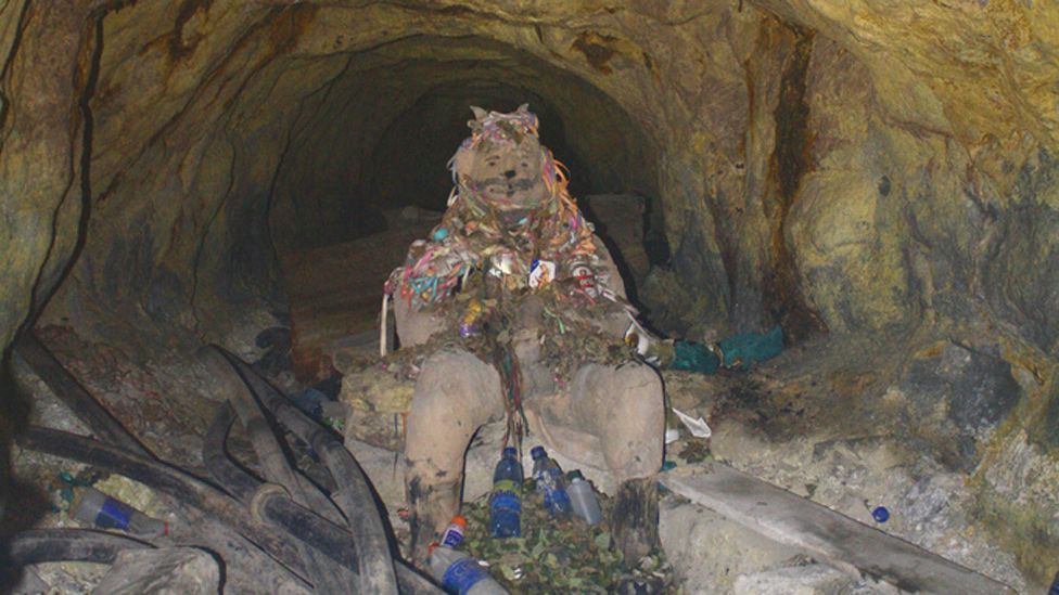Miners are extremely superstitious – this god of the mines is covered in offerings to appease him and spare the miners lives. (Copyright: Nick Pattinson) Miners are extremely superstitious – this god of the mines is covered in offerings to appease him and spare the miners lives. (Copyright: Nick Pattinson)